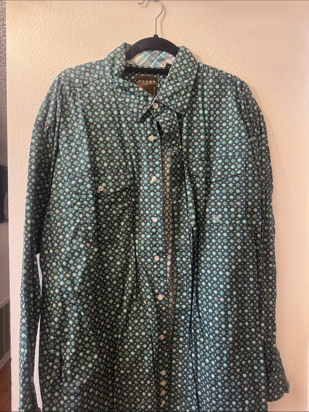 Roper Men’s Green Patterned Long-Sleeve Button-Down Shirt